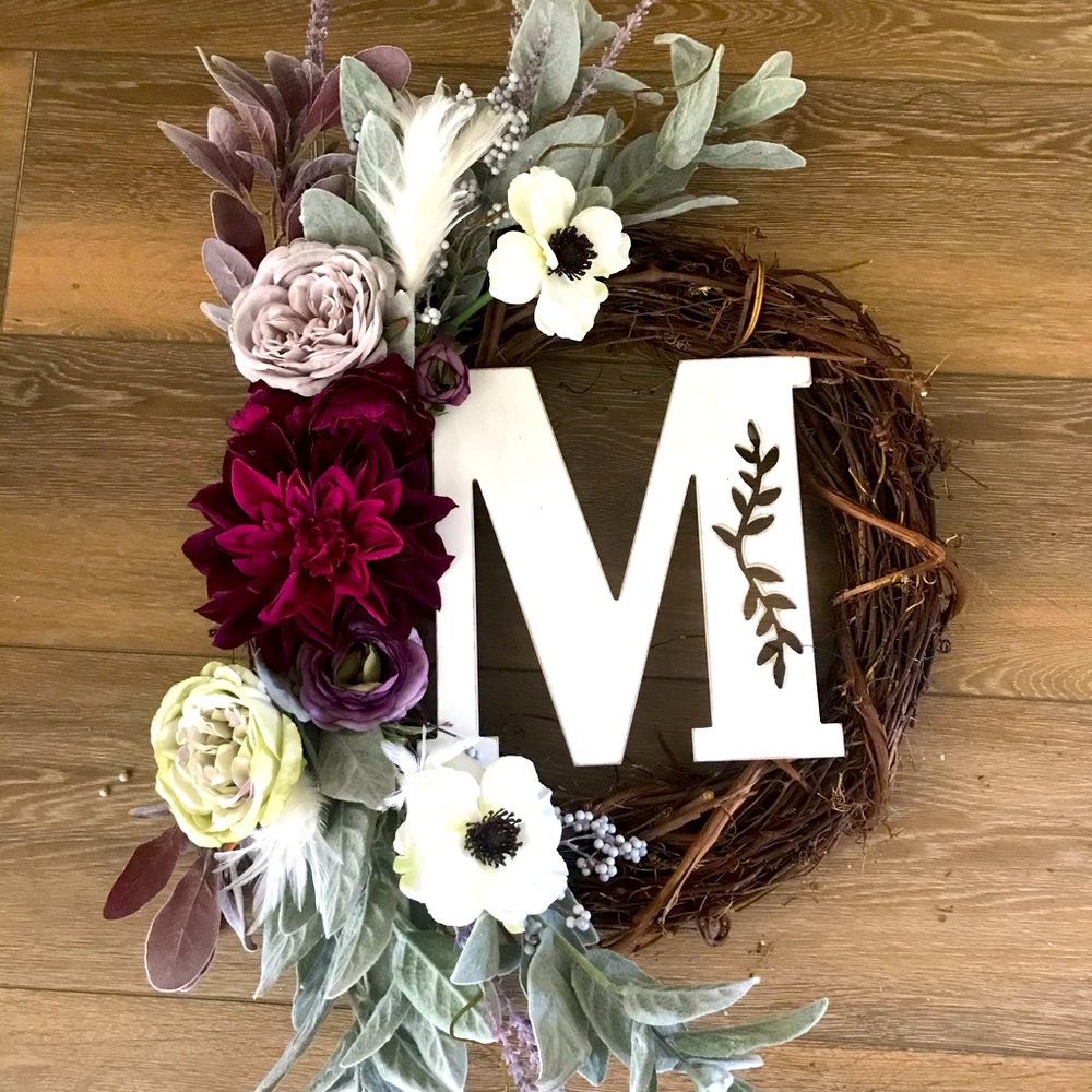 Spring door initial wreath on grapevine